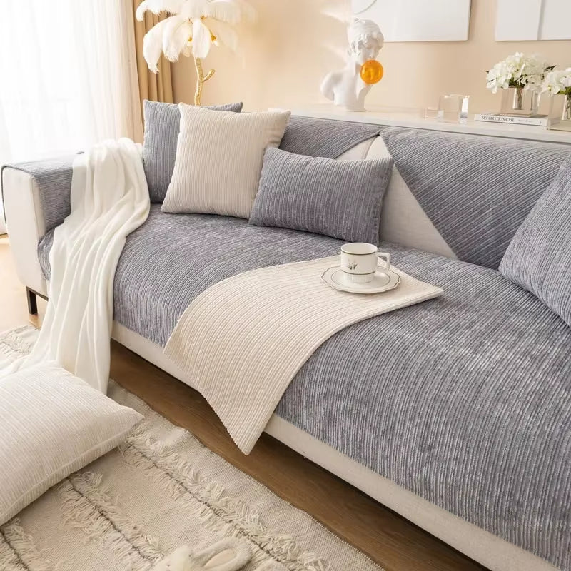 1PC Striped Chenille Sofa Cover for Living Room Pets Kids Anti-Dirty Sofa Towel Mat Solid Color Non-Slip Couch Cushion Slipcover