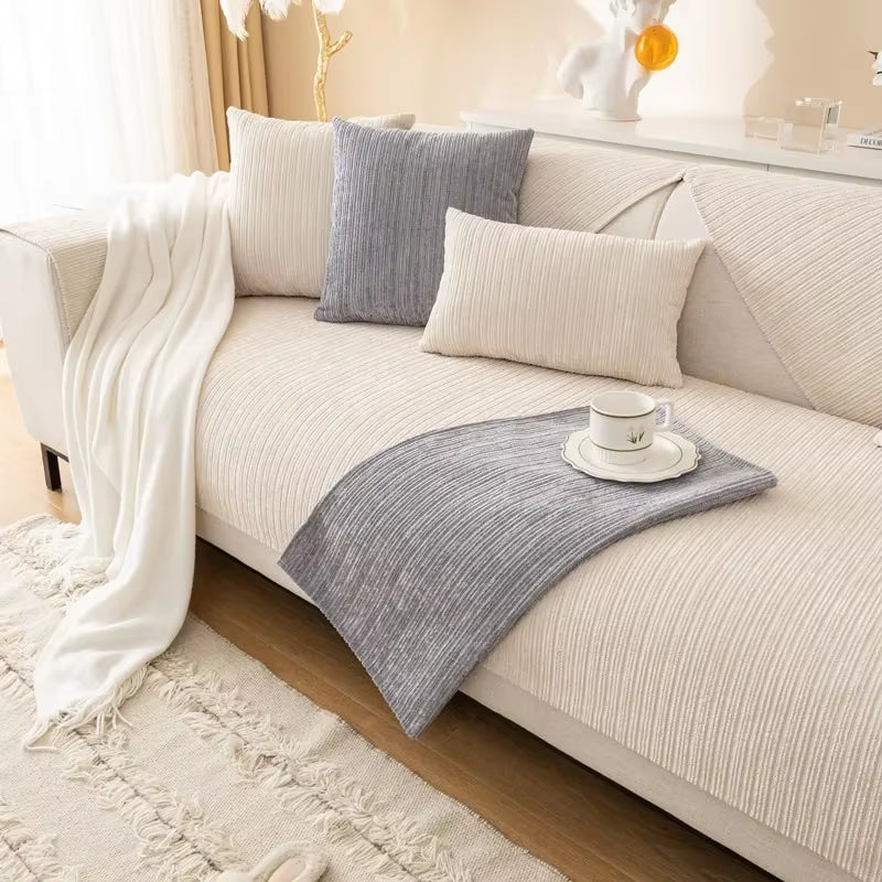 1PC Striped Chenille Sofa Cover for Living Room Pets Kids Anti-Dirty Sofa Towel Mat Solid Color Non-Slip Couch Cushion Slipcover